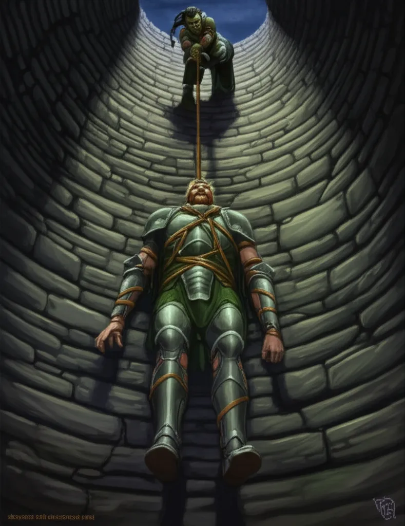 Irulan hauls Bancroft up the rope shaft, his armor slack and arms hanging, Bancroft going up like cargo